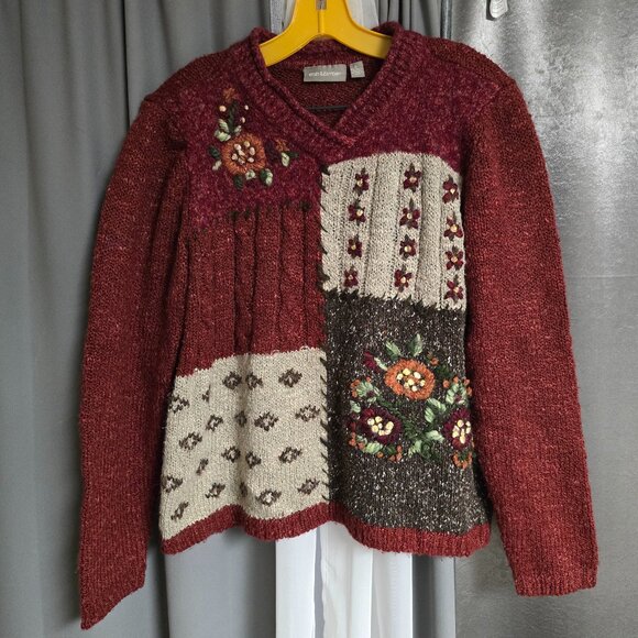 croft & barrow Sweaters - Vintage Croft & Barrow Maroon Knit Sweater Chunky Fall Floral Large Cozy Acrylic